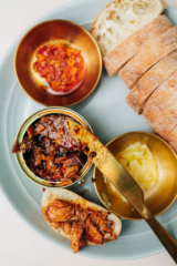 Kissa Kissa | Smoked salmon conservas board plate | Vinyl jazz record room | Brooklyn NY USA