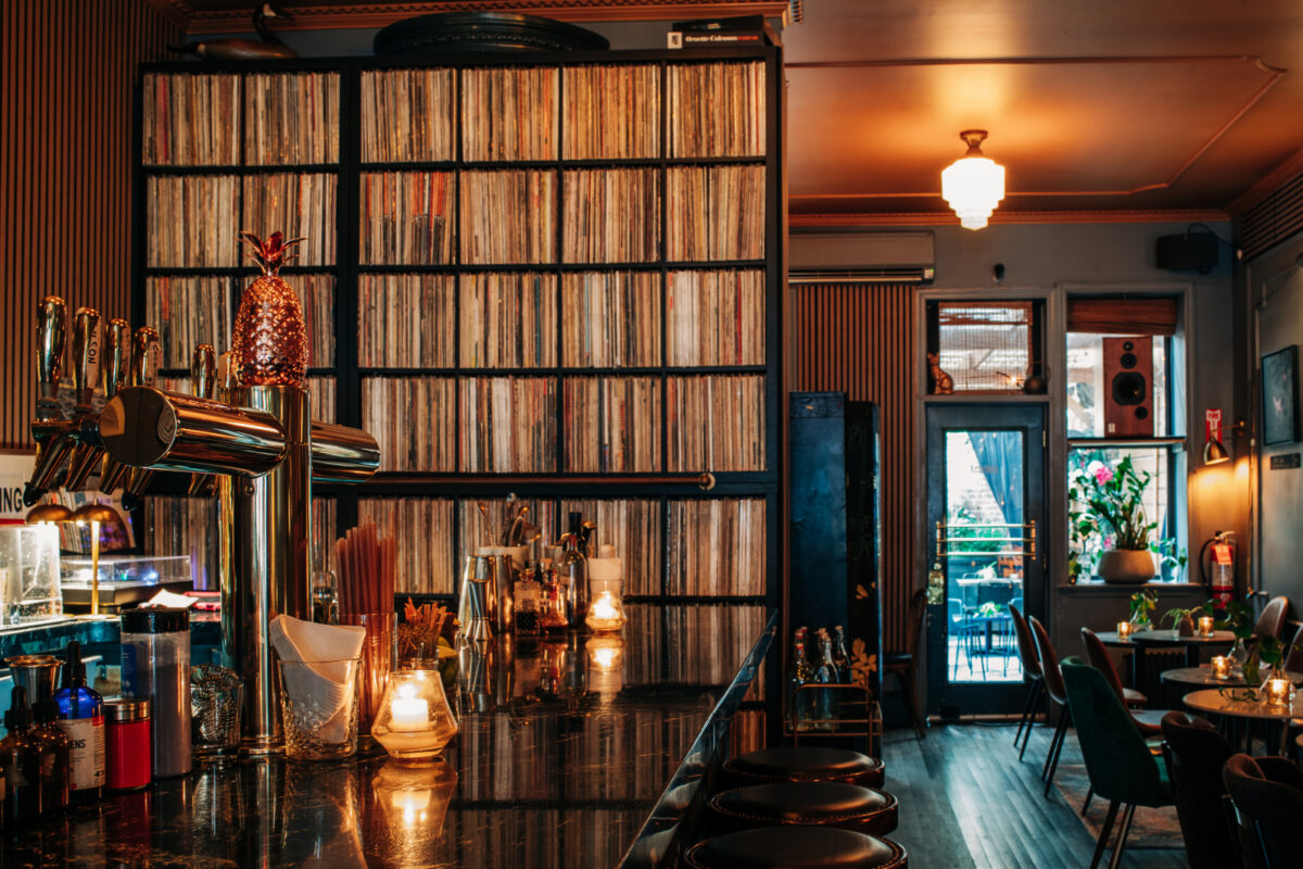 Interior of Kissa Kissa jazz vinyl listening bar in Crown Heights Brooklyn