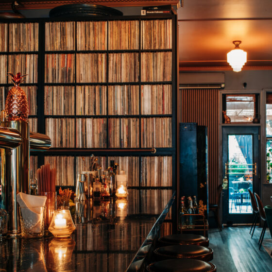 Interior of Kissa Kissa jazz vinyl listening bar in Crown Heights Brooklyn