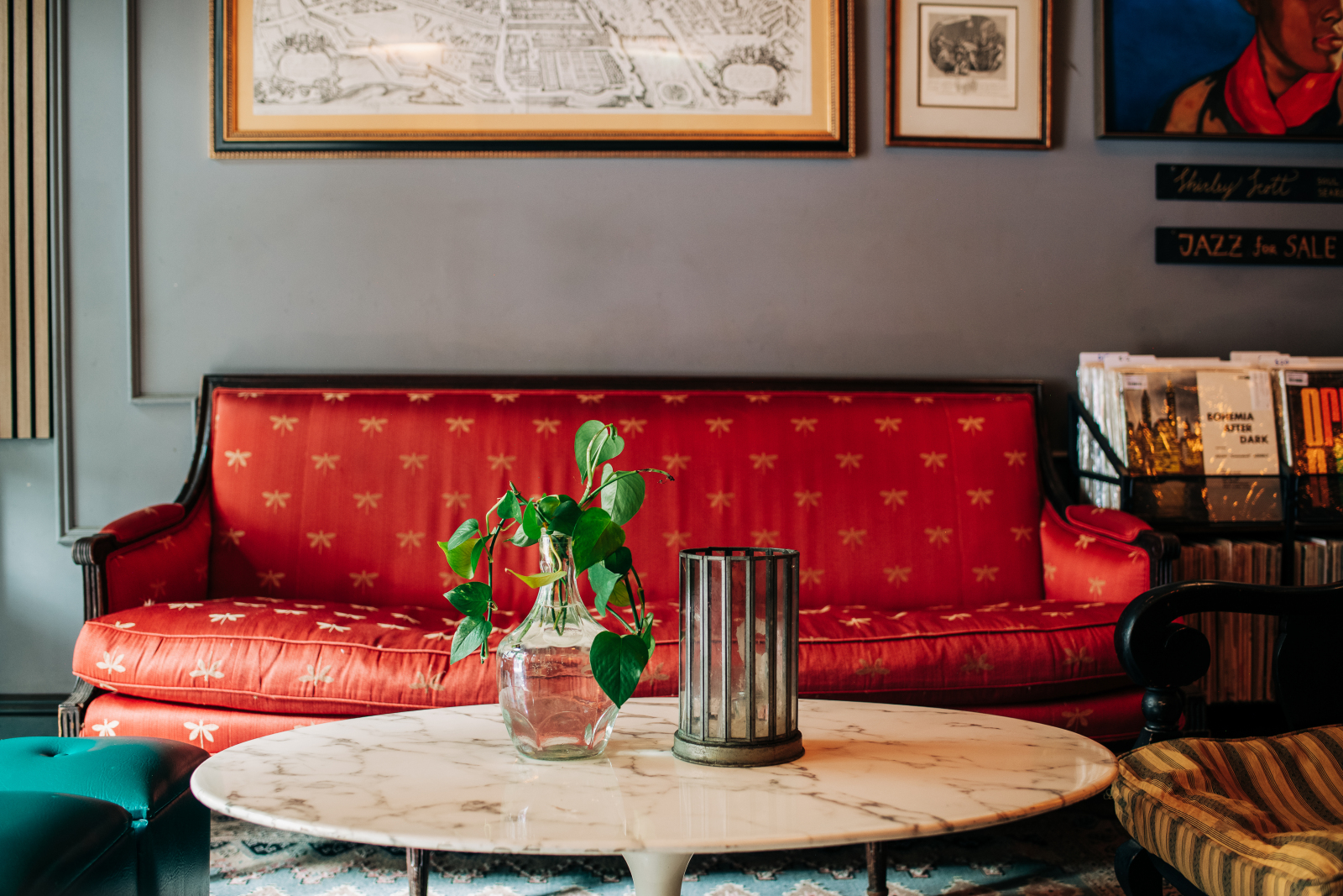 Wall of jazz vinyl records at Kissa Kissa — over 5000 LPs curated for audiophile listening in Brooklyn New York
