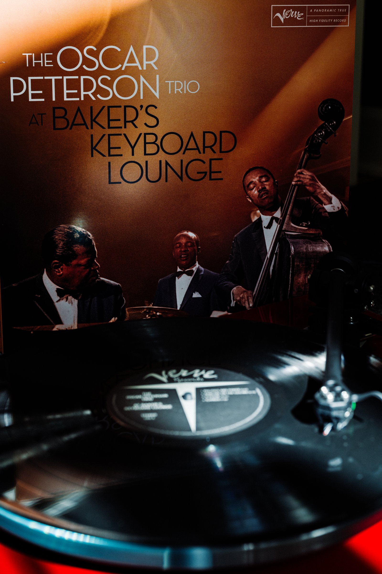 The Oscar Peterson Trio At Baker's Keyboard Lounge Verve reissue spinning on the turntable at Kissa Kissa, the Crown Heights Brooklyn jazz kissa hosting Verve Mondays