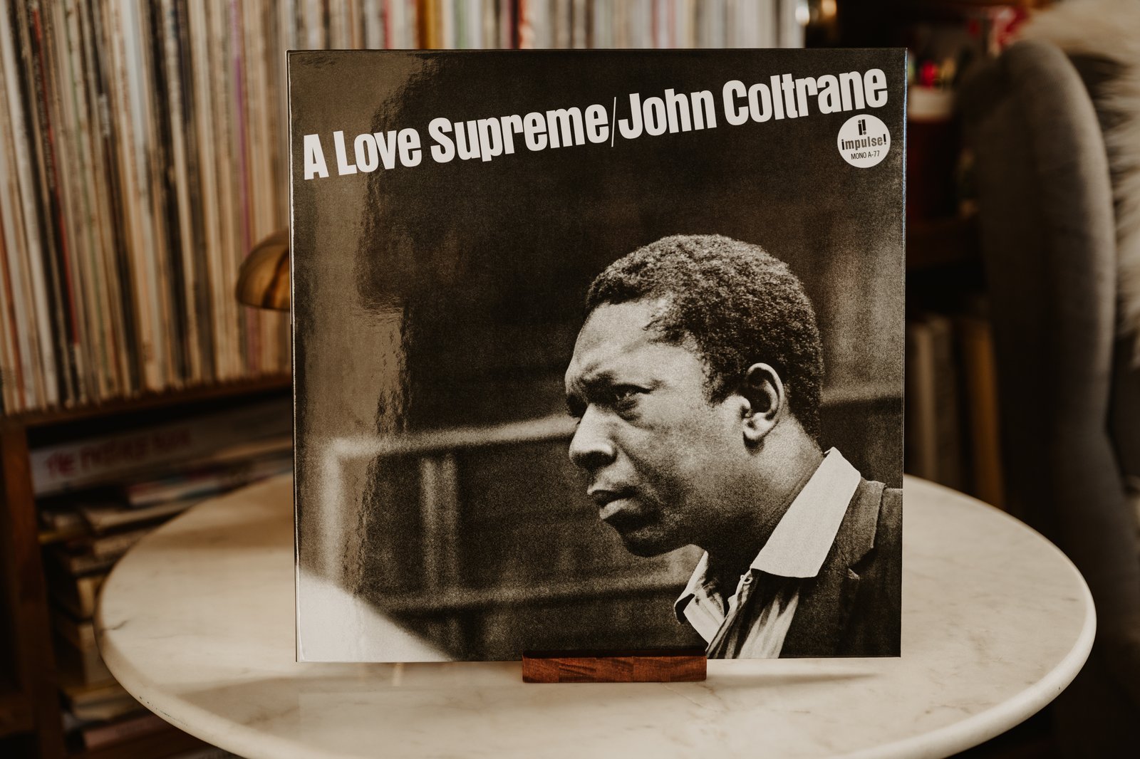 John Coltrane A Love Supreme album cover displayed on a table at Kissa Kissa Crown Heights Brooklyn